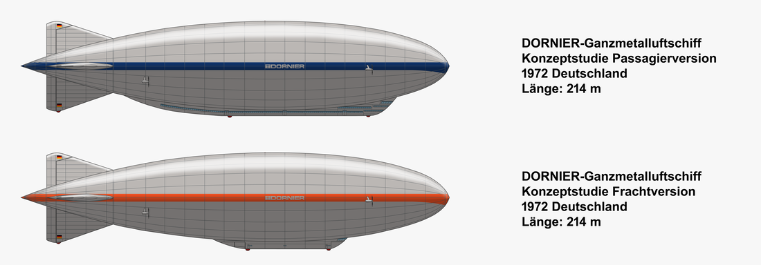 Konzeptstudie der Dornier AG über Kurzstreckenluftschiffe für eine Reichweite bis zu 600 Kilometern von 1972. Passagier- und Frachtversion.