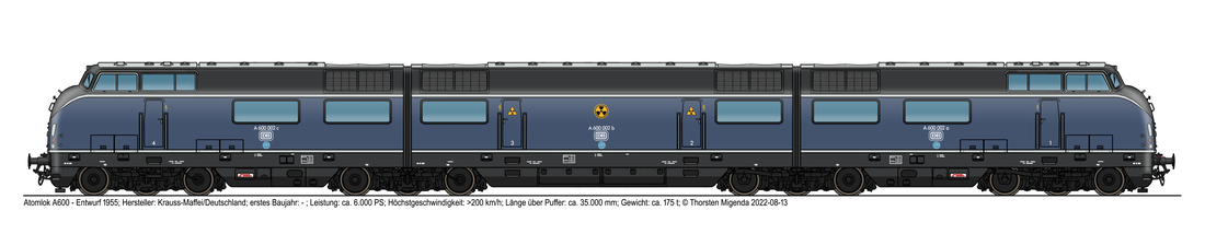 Die deutsche Atomlokomotive A600 12-achsig von Krauss-Maffei 1955 in der blauen Farbe der DB für schnelle Personenzüge. 