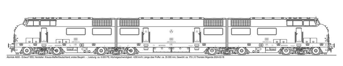 Die deutsche Atomlokomotive A600 12-achsig von Krauss-Maffei 1955 fiktiv ab 1975 im neuen ozeanblauen-beigen Anstrich der DB als Schwarzweißzeichnung.