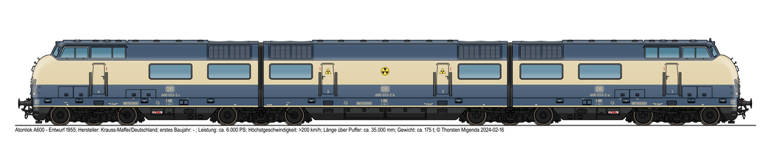 Die deutsche Atomlokomotive A600 12-achsig von Krauss-Maffei 1955 fiktiv ab 1975 im neuen ozeanblauen-beigen Anstrich der DB.