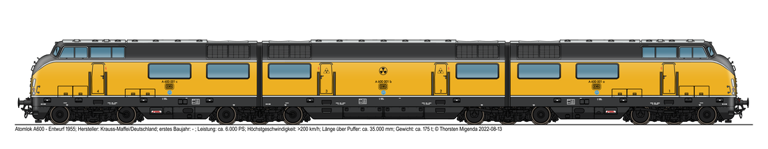 Die deutsche Atomlokomotive A600 12-achsig von Krauss-Maffei 1955 in der möglicherweise neuen gelben Farbklasse der DB für Atomlokomotiven. 