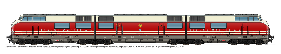 Die deutsche Atomlokomotive A600 von Krauss-Maffei 1955 als verbesserte, nun 12-achsige Versuchslok in den Hausfarben von Krauss-Maffei. 