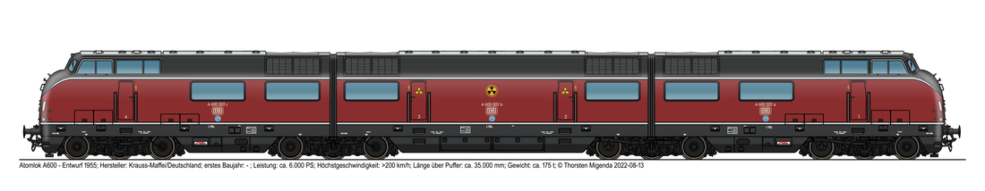 Die deutsche Atomlokomotive A600 12-achsig von Krauss-Maffei 1955 in der purpurroten Farbe der DB für Diesellokomotiven und Triebwagen. 