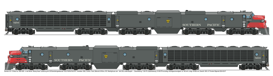 Atomlokomotive X-12 in rechter und linker Ansicht im fiktiven 
