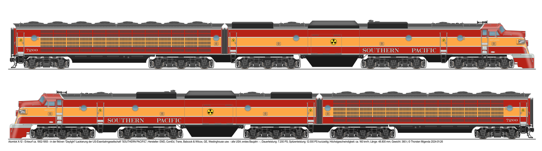Die US-amerikanische Atomlokomotive X-12 in rechter und linker Ansicht im fiktiven Anstrich der 