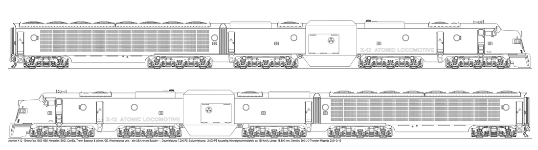 Die US-amerikanische Atomlokomotive X-12 in rechter und linker Ansicht als Schwarzweißzeichnung.