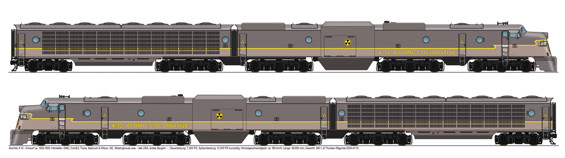 Die US-amerikanische Atomlokomotive X-12 in rechter und linker Ansicht im fiktiven Anstrich eines EMD F3 / F7-Prototypen in Reminiszens an diese erfolgreichen Diesellokomotiven.