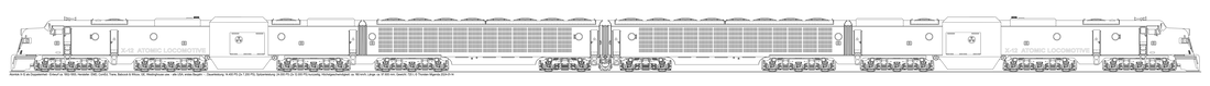 Die US-amerikanische Atomlokomotive X-12 als Doppeltraktion als Schwarzweißzeichnung.