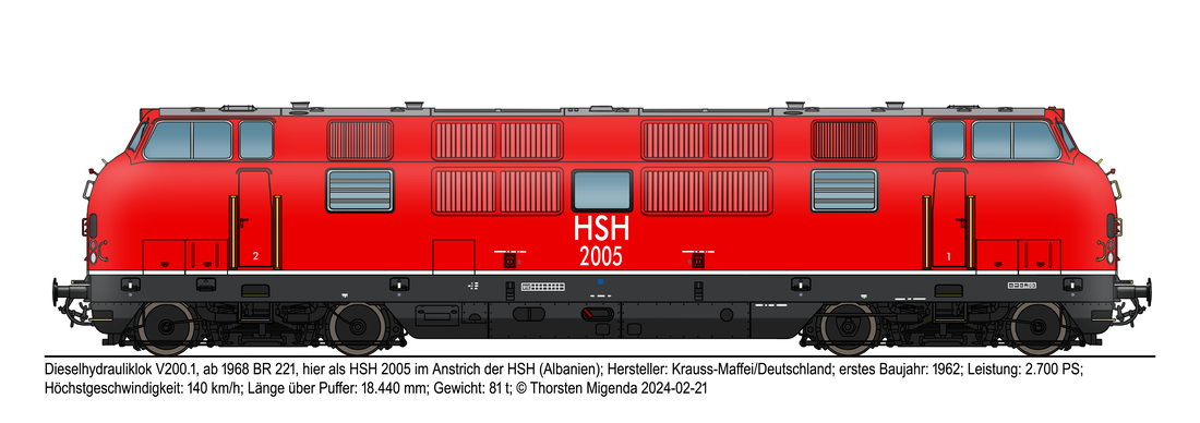 Die deutsche Serien-Dieselhydrauliklok V200.1, ab  1968 BR 221, von Krauss-Maffei 1962-1965 in verkehrsroter Farbe der HSH (Albanien) von 1990-2004.