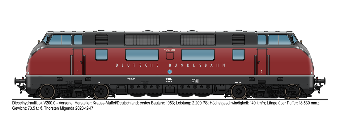 Die deutsche Vorserien-Dieselhydrauliklok V200 von Krauss-Maffei 1953 in der purpurroten Farbe der DB für Diesellokomotiven und Triebwagen im ursprünglichem Auslieferungszustand.