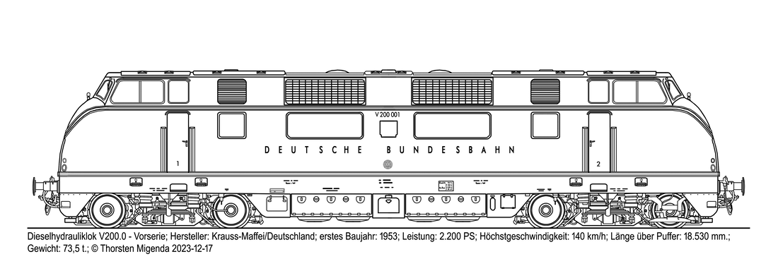 Die deutsche Vorserien-Dieselhydrauliklok V200 von Krauss-Maffei 1953 der DB  als Schwarzweißzeichnung im ursprünglichem Auslieferungszustand.