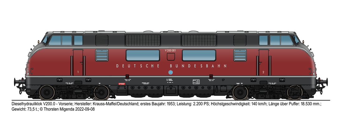 Die deutsche Vorserien-Dieselhydrauliklok V200 von Krauss-Maffei 1953 in der purpurroten Farbe der DB für Diesellokomotiven und Triebwagen im späterem Design.
