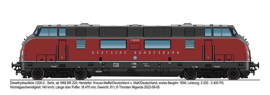 Die deutsche Serien-Dieselhydrauliklok V200.0, ab  1968 BR 220, von Krauss-Maffei und MaK 1956-1959 in der purpurroten Farbe der DB für Diesellokomotiven und Triebwagen. 