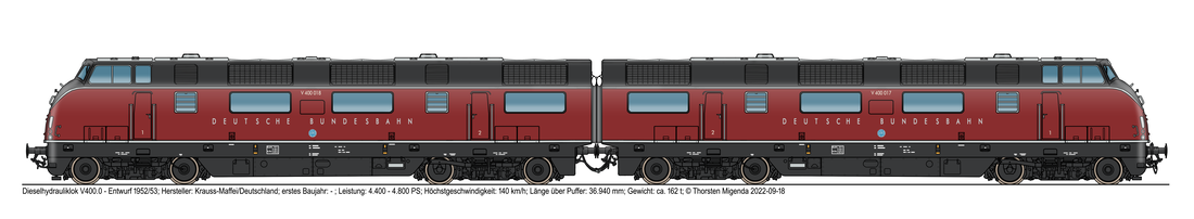 Die deutsche Doppeldieselhydrauliklok V400, bestehend aus zwei A-Einheiten (Entwurf), von Krauss-Maffei 1952/53 in der purpurroten Farbe der DB für Diesellokomotiven und Triebwagen. 