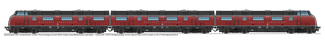 Die deutsche Dieselhydrauliklok V400, bestehend aus zwei A-Einheiten (Entwurf) und einer B-Einheit (Fiktiv), von Krauss-Maffei 1952/53 in der purpurroten Farbe der DB für Diesellokomotiven und Triebwagen. Im Prinzip wäre die Dreierlok nun eine 