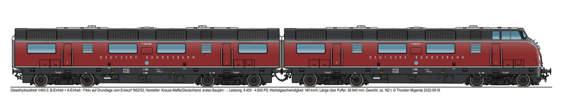 Die deutsche Doppeldieselhydrauliklok V400, bestehend aus einer A-Einheit (Entwurf) und einer B-Einheit (Fiktiv), von Krauss-Maffei 1952/53 in der purpurroten Farbe der DB für Diesellokomotiven und Triebwagen. 