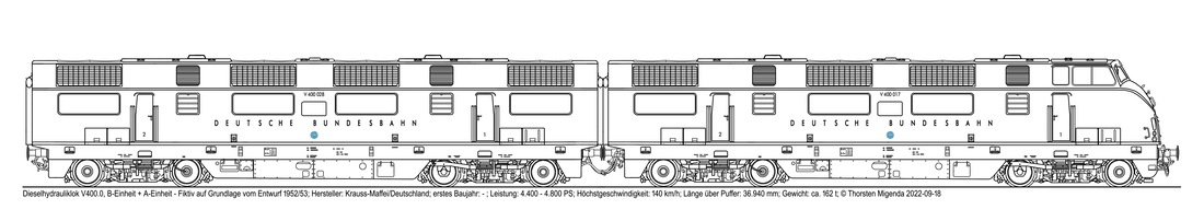 Die deutsche Doppeldieselhydrauliklok V400, bestehend aus einer A-Einheit (Entwurf) und einer B-Einheit (Fiktiv), von Krauss-Maffei 1952/53 als Schwarzweißzeichnung.