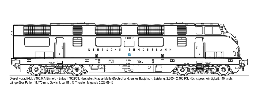 Die deutsche Dieselhydrauliklok V400 A-Einheit (Entwurf) von Krauss-Maffei 1952/53 als Schwarzweißzeichnung.