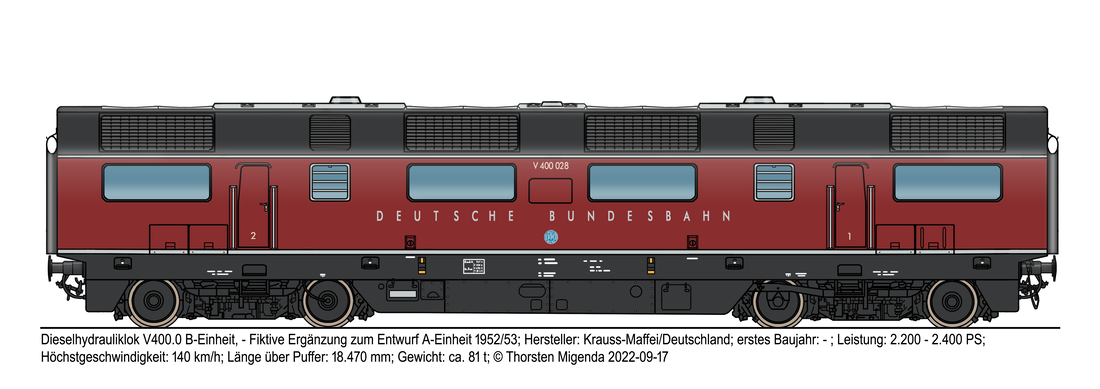 Die deutsche Dieselhydrauliklok V400 B-Einheit (Fiktiv) von Krauss-Maffei 1952/53 in der purpurroten Farbe der DB für Diesellokomotiven und Triebwagen. 