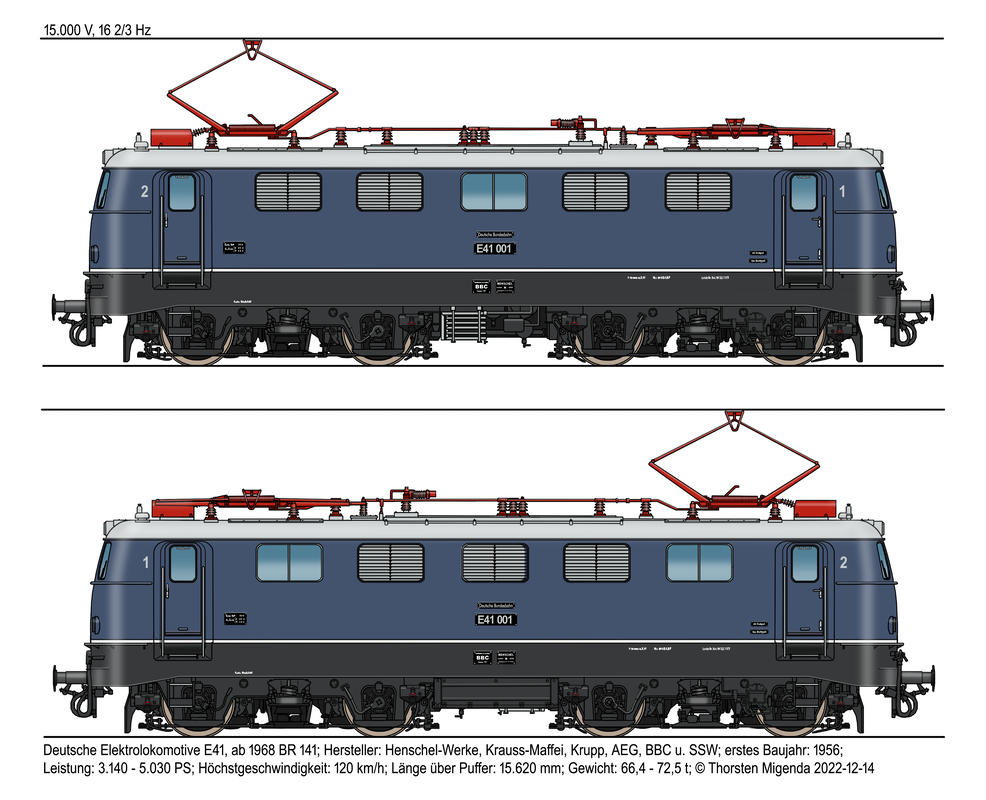 Die ersten E41 waren im edlen Stahlblau (RAL 5011) lackiert und besaßen im Maschinenraum noch drei Fenster, eines auf der Steuerbordseite (rechte Seite), zwei auf der Backbordseite (linke Seite).