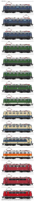 Zusammenstellung verschiedener Farbanstriche der E41, ab 1968 BR 141, von 1956 bis 2006 in geringerer Auflösung als bei den Einzelbildern oben.