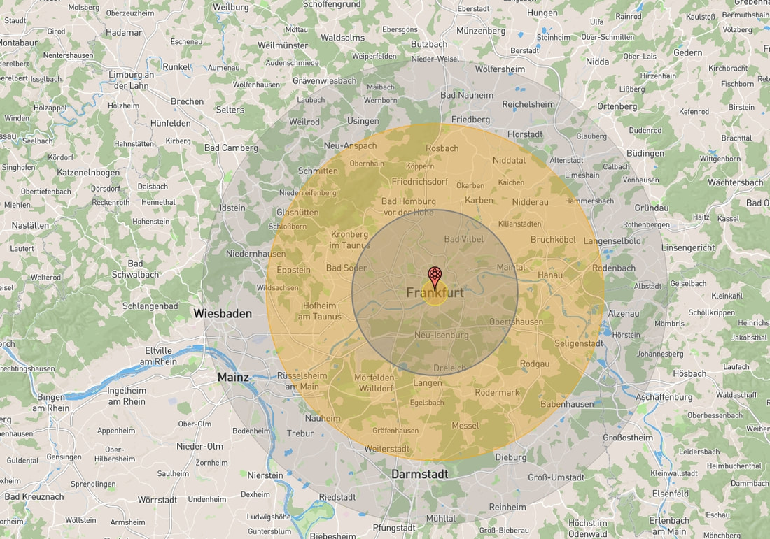 Simulation eines Atomwaffenangriffes mittels einer 5 Megatonnenbombe auf Frankfurt am Main und deren Zerstörungskraft. 
