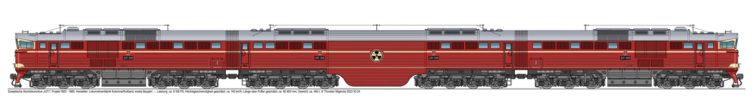 Die sowjetische Atomlokomotive „АЛ1“ von Kolomna / Rußland - Projekt von 1983 - 1985, im damals typischen Rot der sowjetischen Staatsbahn.