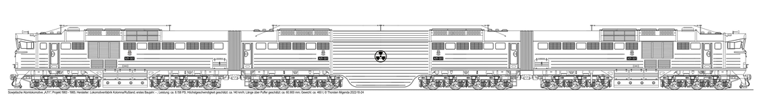 Die sowjetische Atomlokomotive „АЛ1“ von Kolomna / Rußland - Projekt von 1983 - 1985, als Schwarzweißzeichnung.