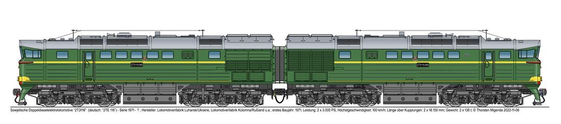 Die sowjetische Doppelelektrolokomotive „2ТЭ116-049“ von Luhansk / Ukraine 1971 - 2... in Grün der sowjetischen Staatsbahn.