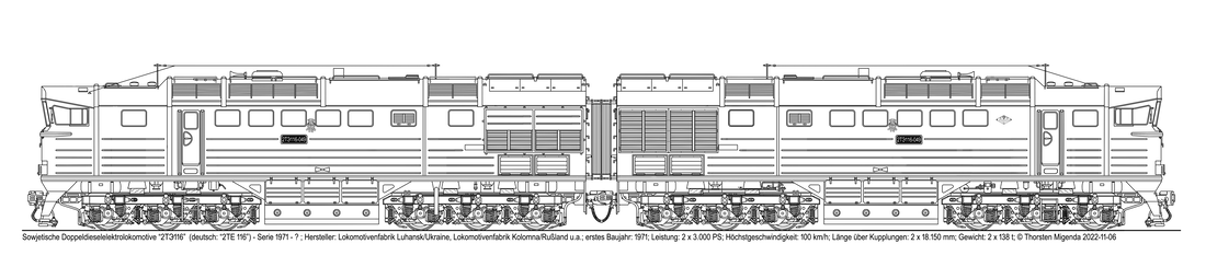 Die sowjetische Doppelelektrolokomotive „2ТЭ116-049“ von Luhansk / Ukraine 1971 - 2... als Schwarzweißzeichnung.
